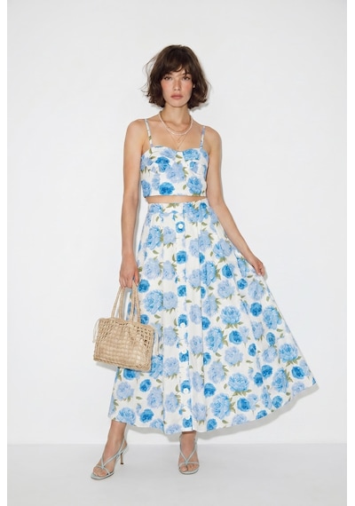 Kadın Çiçek Desenli Crop Bluz Ve Düğme Detaylı Midi Etek Takım 7697 60286365 - Ekru-mavi