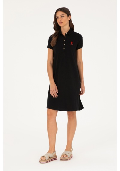 U.S. Polo Assn. Kadın Siyah Polo Yaka Mini Boy Örme Elbise 50280038-VR046