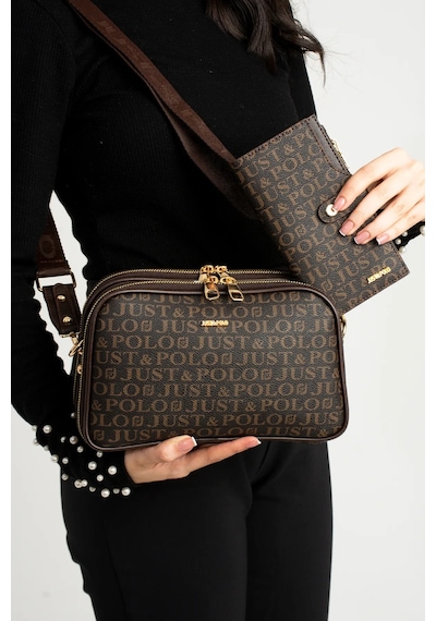 Just Polo Kadın Orta Boy Baskılı Şık Omuz Çantası Ve Cüzdanı Kombin Shopper K232053mh Kahverengi