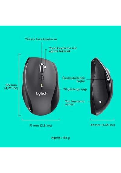 M705 Kablosuz Mouse, 1.000 Dpı Optik İzleme, Unifying Alıcı, Yüksek Hızlı Kaydırma, 3 Yıl Pil Ömrü, 10 M Kullanım Mesafesi, Siyah
