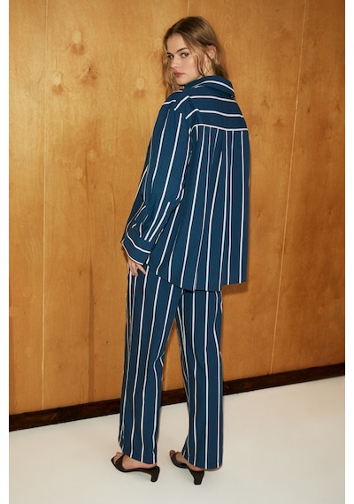 Grimelange Grımelange Mırel Kadın Oversize Fit %100 Organik Pamuklu Lacivert-çizgili Gömlek