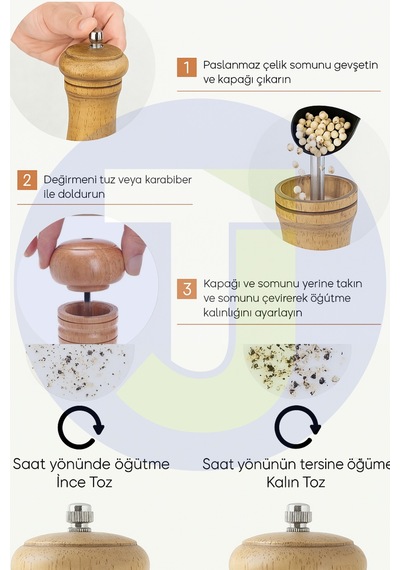 Technojet 2adet Baharat Öğütücü Açık Koyu Renk Doğal Ahşap Değirmen Karabiber Kahve Tuzluk Biberlik Ahşap