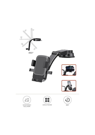 Jx-053 Siyah Araç İçi Vantuzlu 360 Derece Telefon Tutucu -
