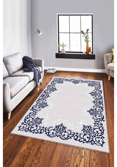 Lacivert Çerçeveli Kaymaz Tabanlı Dekoratif Halı Mk63n11