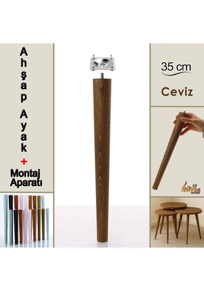 Ahşap Ayak 35 Cm Ceviz M8 Civatalı Bağlantı Aparatlı Mobilya Tabure Sehpa Masa Destek Ayağı Ceviz