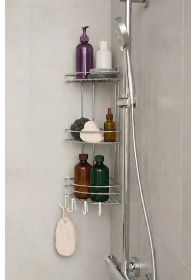 Sas Haus Banyo Köşe Rafı Askılı Duş Organizeri Ve Şampuanlık 3 Katlı Krom Ek-03 Krom