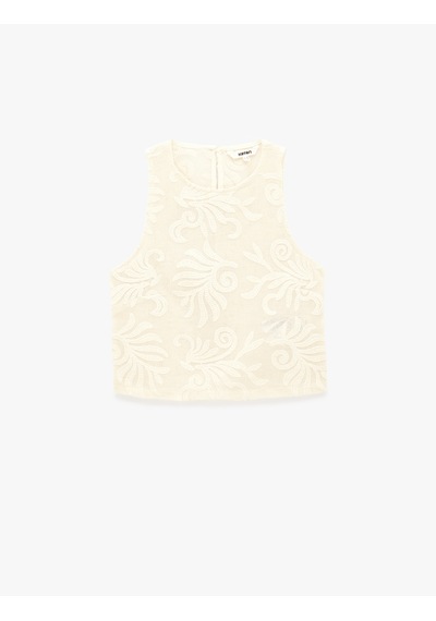 Koton Pamuklu Floral Dokulu Brodeli Kolsuz Bisiklet Yaka Bluz Bej 6sak30120ew Ekru