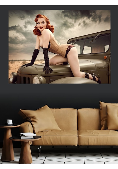 Klasik Arabada Pin-up Kadın Dekoratif Kanvas - Mdf Ahşap Tablo