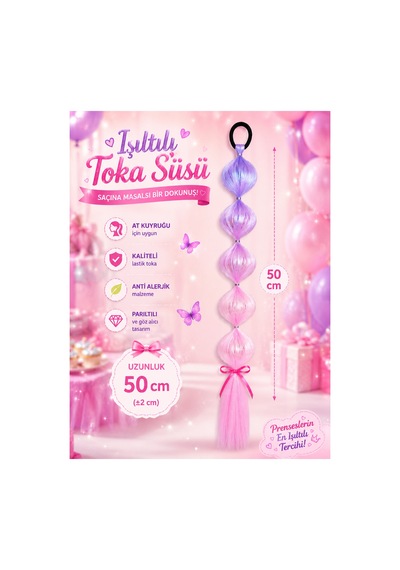 Işıltılı Bubble Saç Tokası 2 Li Set 50 Cm Uzun At Kuyruğu Saç Süsü, Mor-pembe-lila Diğer