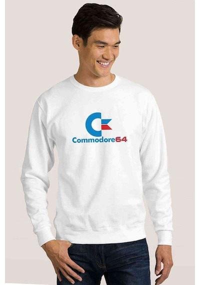 Commodore Logo Baskılı Beyaz Erkek Örme Sweatshirt