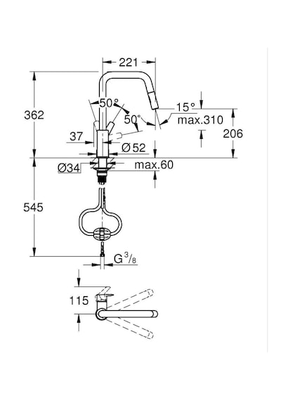 Grohe Start Tek Kumandalı Eviye Bataryası Spiralli 2f 30619000 Muadili 30632000 Mat Siyah