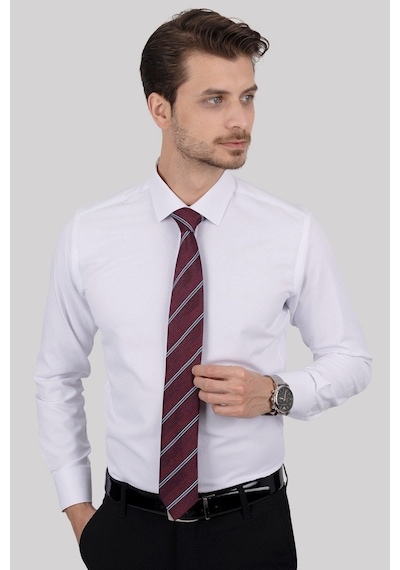 Gömlek Kravat Seti (Bordo Çizgili Kravat & Beyaz Armür Desenli Sl Beyaz