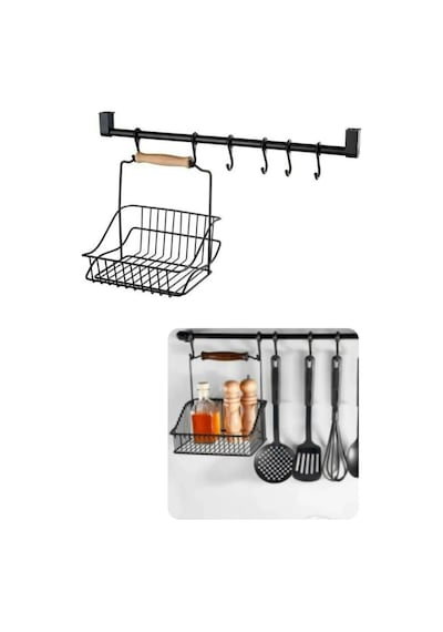 Mutfak Düzenleyici Retro Sepet Ve 6 Kancalı Askı Takımı Set - Ferforje Retro Sepet Takım Metal Siyah Diğer