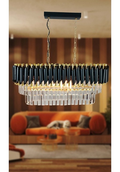 Zamira 75x35 Cm Gold Kristal Taşlı Lüks Yemek Masası Üstü Avize 6'lı - Yatak Odası - Salon - Mutfak - Hol Altın