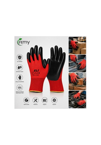Eli Nitril 007 Iş Eldiveni No:10 Xl 12 Adet Kırmızı-siyah