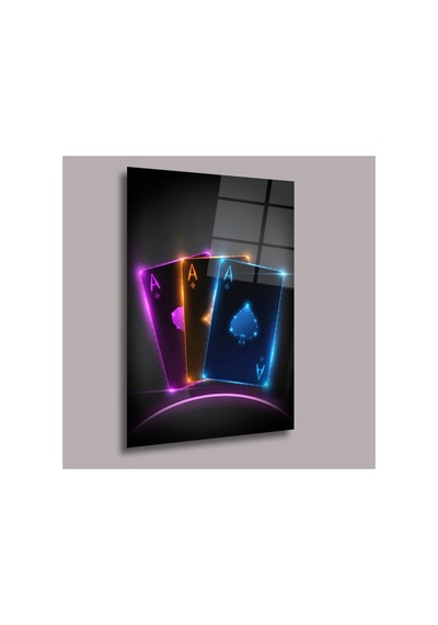 Neon Işıklı Aslar Dolar Cam Tablo Pct0823 Modern Dekorasyon Temalı Dekoratif Duvar Tablosu, Salon, Ev Ve Ofis Dekoru,