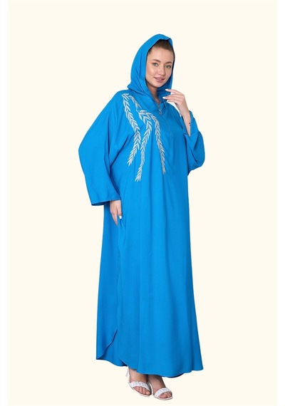 Veraura Lifestyle Mavi Kapüşonlu Nakışlı Cepli Oversize Uzun Elbise