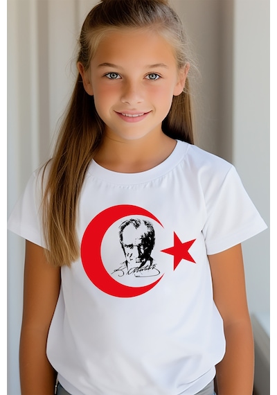 Aselinda Atatürk Ve Ayyıldız Baskılı Beyaz Çocuk Tişört Cumhuriyetimizin 101. Yılı 29 Ekim Beyaz Tişört-stk6 Beyaz