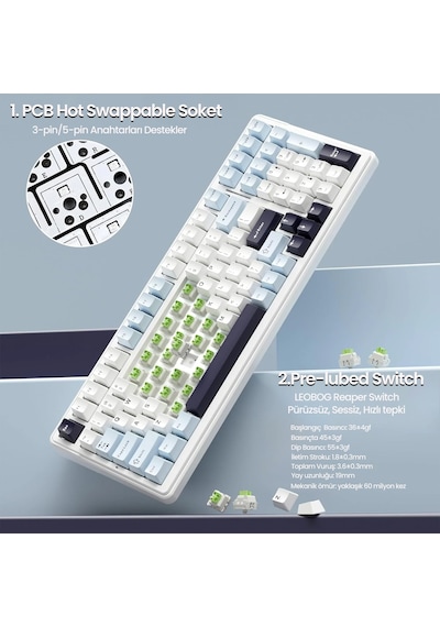 Aula F99 3 Modlu Rgb Hot Swap Mekanik Reaper Switch Kablosuz Makrolu Klavye Lacivert