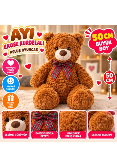 Pl50243 50 Cm Ayı Ekose Kurdelalı Peluş Oyuncak Kahverengi