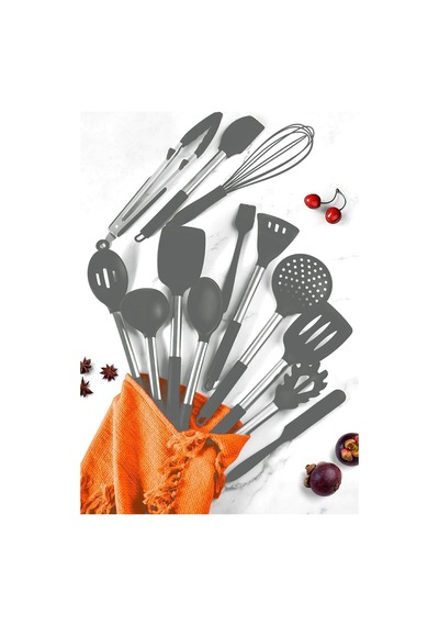 Mora 14 Parça Paslanmaz Çelik Silikon Uçlu Spatula Mutfak Seti Gri Çok Renkli