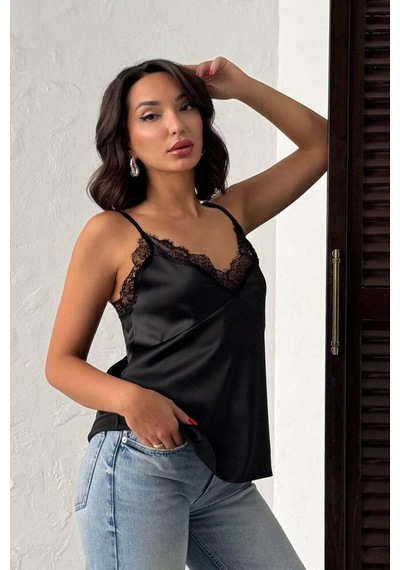 Ckm Moda Noiria Siyah Dantel Detaylı Saten Askılı Kadın Atlet Siyah