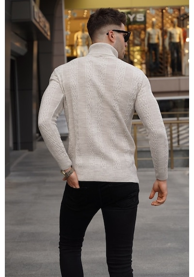 Madmext Taş Rengi Desenli Balıkçı Yaka Triko Kazak 5769 Taş Rengi