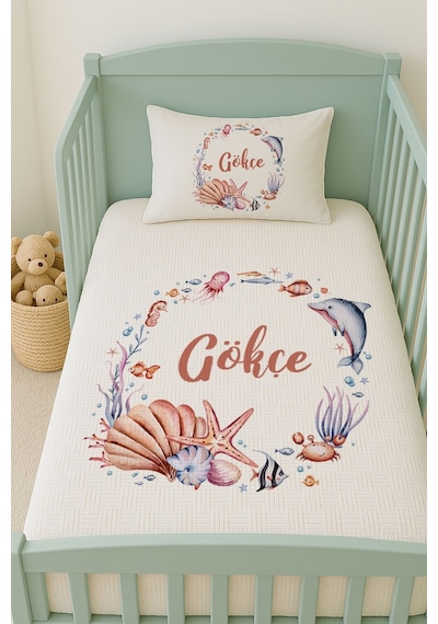 %100 Pamuk İsme Özel İsimli 100x150 Cm Pike Seti Denizkabuğu Ve Yunus