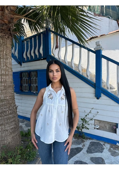 WeShaya Ekru Nakışlı Koton Kolsuz Gömlek Ekru