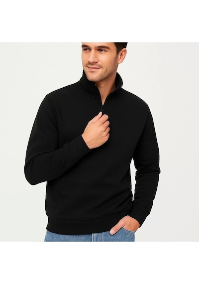 Cvs Giyim Erkek Dik Yaka Sweatshirt Dik Yaka Yarım Fermuarlı 3 İplik Şardonlu Pamuk Kumaş - Siyah Siyah