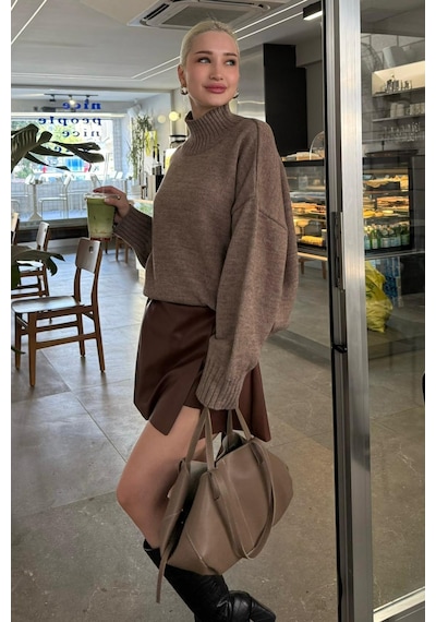 Madmext Vizon Boğazlı Kadın Triko Kazak Mg2535 Vizon