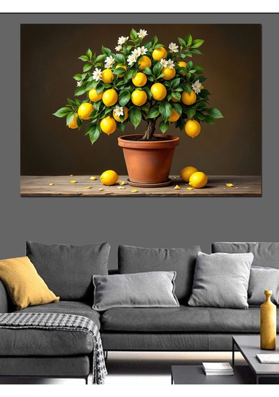Saksıda Limon Ağacı Dekoratif Kanvas - Mdf Ahşap Tablo