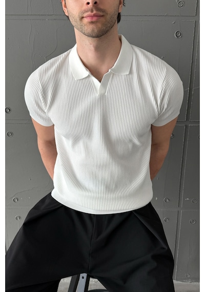 Erkek Petek Desen Polo Yaka Triko T-shirt Beyaz