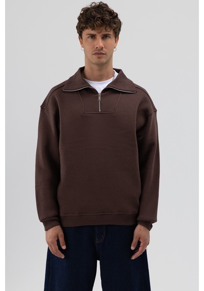 Vamos Basic Fermuarlı Dik Yaka Sweatshirt Kahve