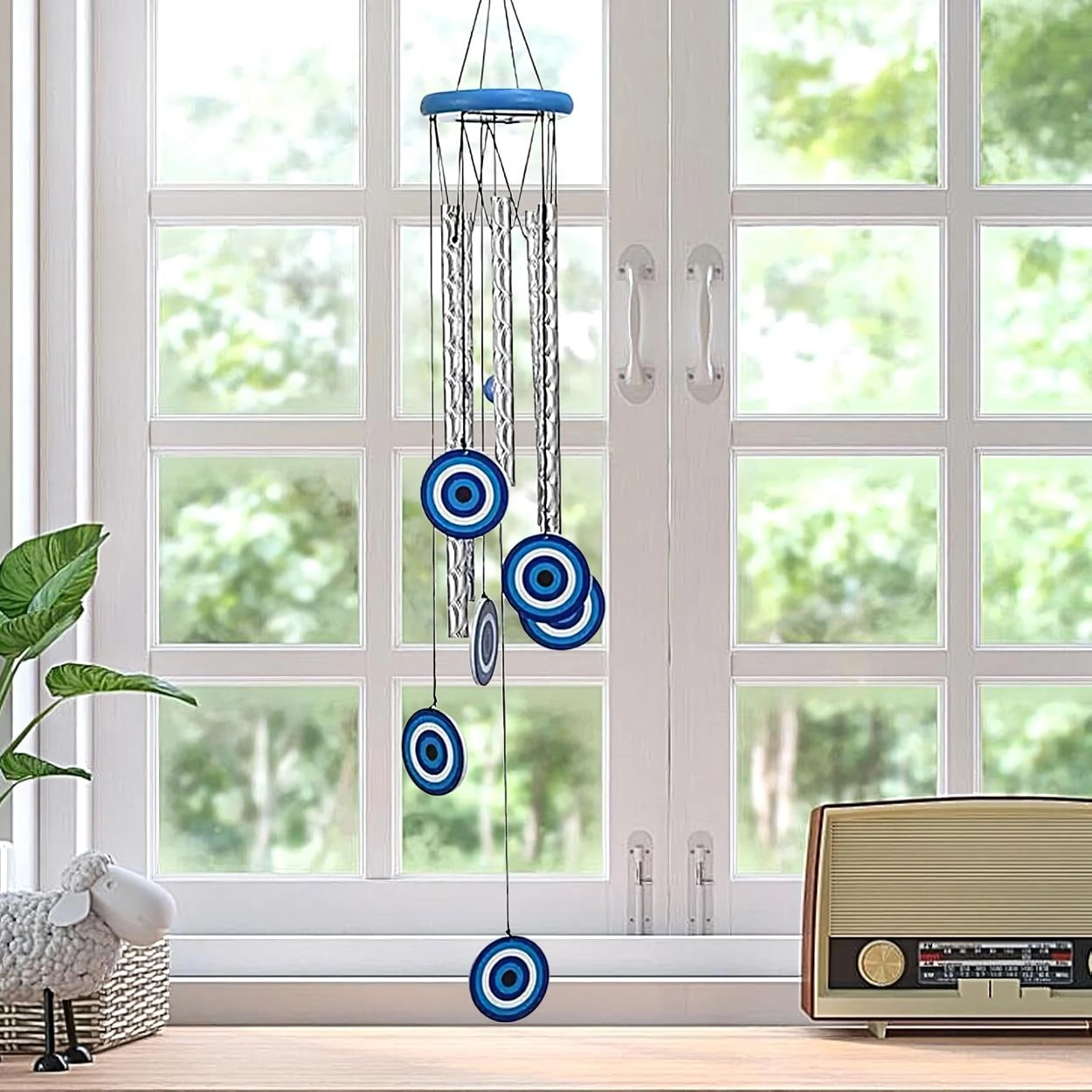 Feng Shui Nazar Boncuğu Rüzgar Çanı Metal Kötü Göze Karşı Dış Mekan Dekoratif Bahçe Kapı Süsü 60 Cm. 60  Cm