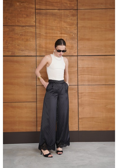 Verymoda Puantiyeli Paçası Dantelli Saten Pantolon D2970 Siyah