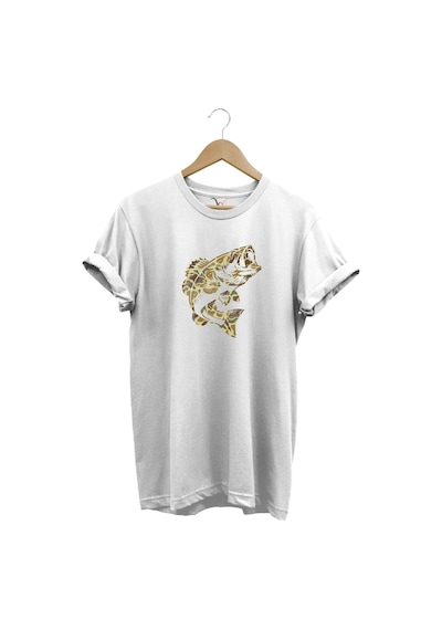 Fishing Balık Avı Kamuflaj Desenli Balık Baskılı %100 Pamuk Regular Fit Beyaz T-shirt Beyaz