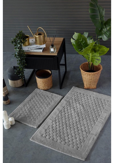 Hcw Poil Açık Gri %100 Pamuk Viskon 2 Parça Banyo Paspas Seti 40 60+60 100 Cm Gri