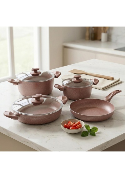Optimum Argos 7 Parça Tencere Ve Tava Seti - Pembe Kırçıl Renkli Yanmaz Yapışmaz Çeyiz Paketi Cam Kapaklı 20/24/26 Cm Tencere + 26 Cm Tava Çok Renkli