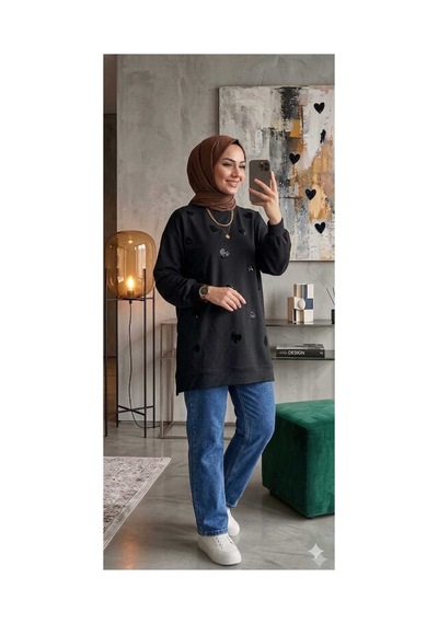 Peka Payet Pul İşlemeli Kalp Desenli Kadın Tesettür Tunik- Sweatshirt Siyah Siyah