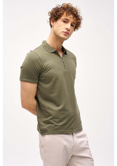 Açık Yeşil Slim Fit Dar Kalıp Fermuarlı Polo Yaka Düz Kısa Kollu Tişört-16406 Yeşil