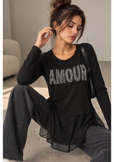 Bb Butik Basic Amour Taş Baskılı Tül Detaylı Uzun Kollu Bluz Fk3535 siyah