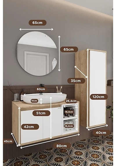 Gül Beyaz 80 Cm Banyo Dolabı+ayna+lavabo+boy Dolabı Beyaz
