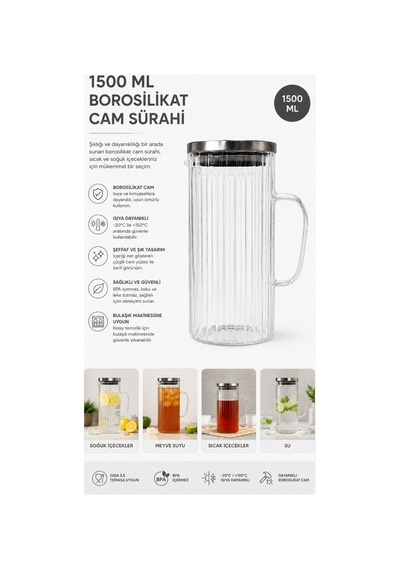 1500 Ml Borosilikat Cam Sürahi Isıya Dayanıklı Şeffaf Cam Su Ve Soğuk İçecek Sürahisi