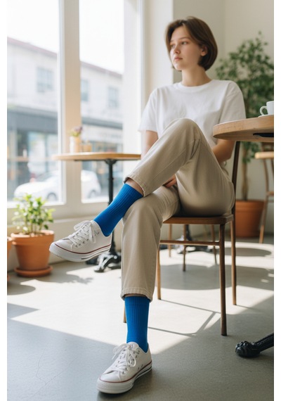 Socks Stores 6 Çift Unisex Renkli Pamuklu Soket Çorap - Renkli Tenis Boy Çorap Mavi