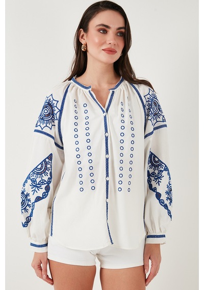 Lela Nakışlı Oversize Fit Pamuklu V Yaka Bayan Gömlek 676242 Ekru