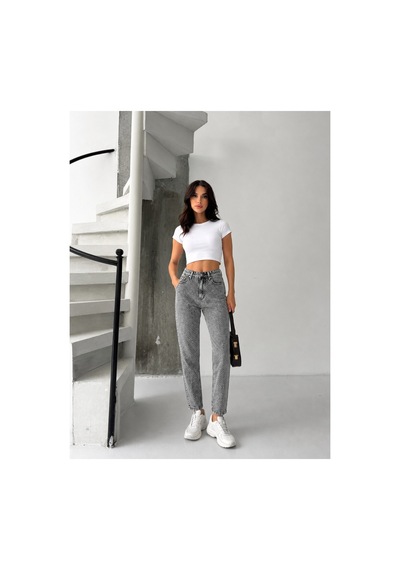 Kene Jeans Gri Kar Bacak Taşlı Mom Jeans Gri Kar