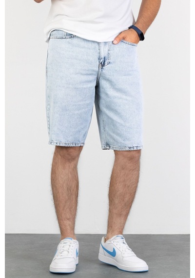 HLT Jeans Erkek Mavi Kar Yıkamalı Baggy Fit Rahat Kesim %100 Pamuk Denim Loose Jeans Kot Şort Arthur-Mavikar 001