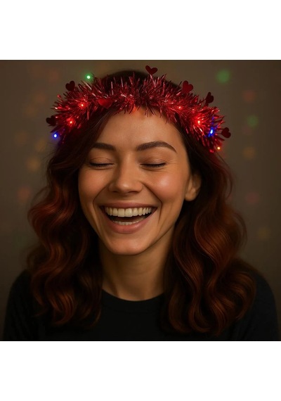 Kalp Püsküllü Gece Parıltısı 3 Modlu Led& 39 Li Işıklı Taç Kırmızı Renk Standart