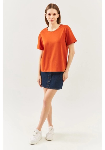 Kadın Rahat %100 Pamuklu Penye Bisiklet Yaka Kısa Kol Basic T-shirt Kiremit